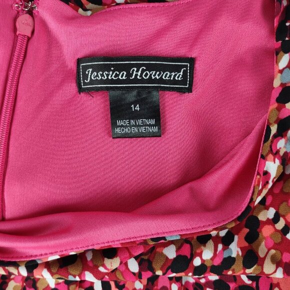 Jessica Howard Size 14 Pink White Black Print Midi Dress Sleeveless Ruched Waist - Picture 10 of 11